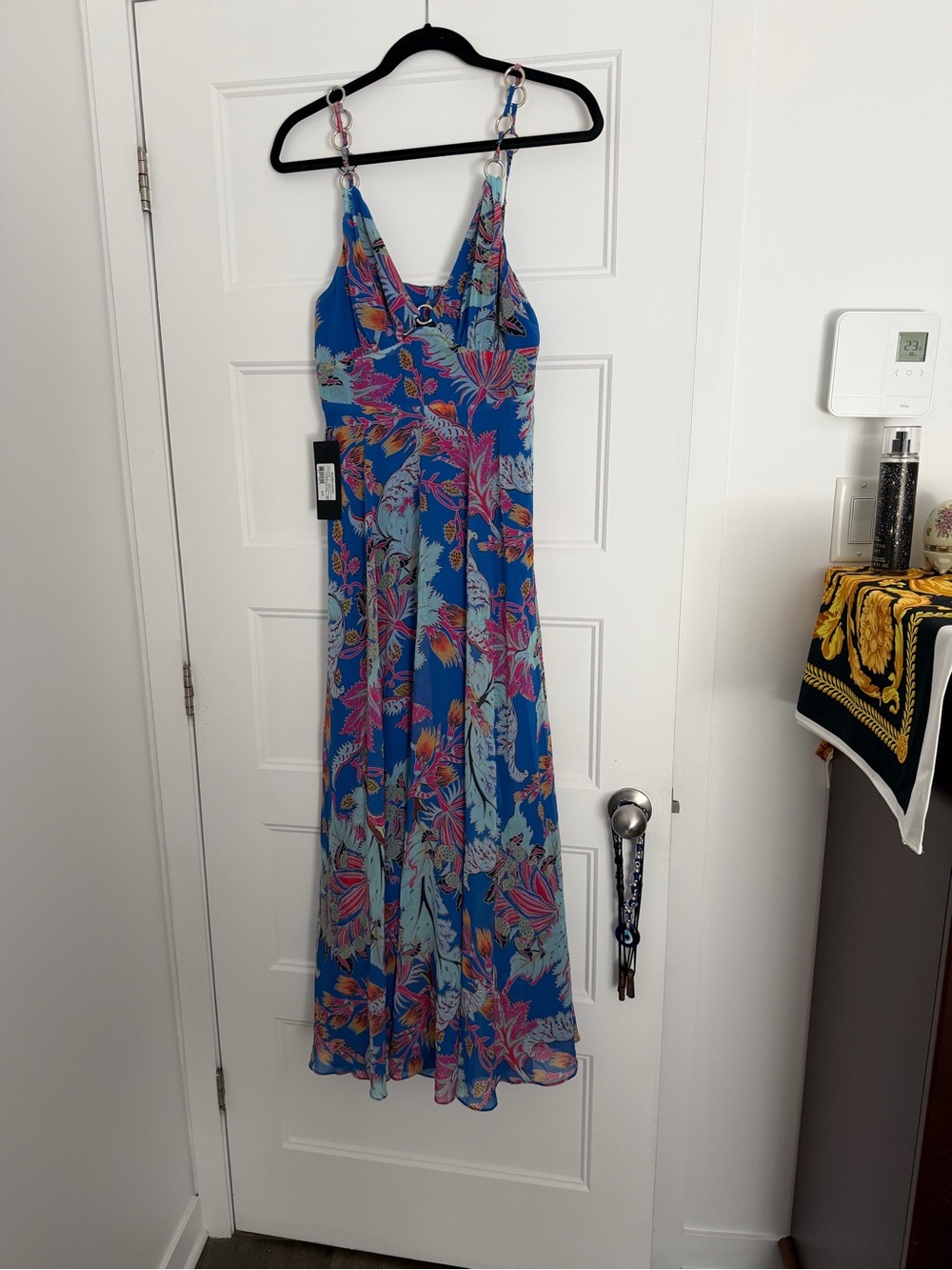 Marciano Blue Floral Maxi Dress with Pink Accents